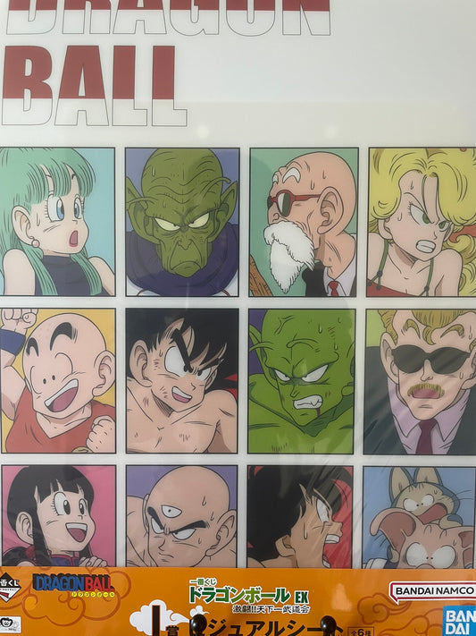 Poster Dragon Ball avec plastique Announcer, Bulma, Chi-Chi, Kami, Krillin, Lunch, Muten Roshi, Oolong, Piccolo, Puar, Son Goku, Tenshinhan, Yamcha – sous sachet Ichiban Kuji Dragon Ball EX Gekitou!! Tenkaichi Budoukai (Lot I).