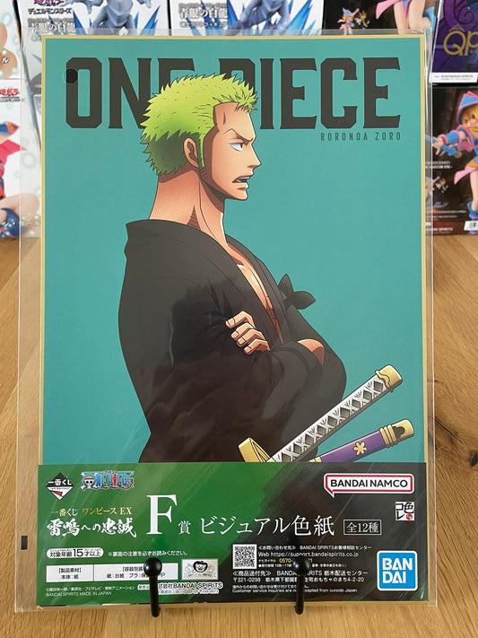 Shikishi One Piece avec A4 Roronoa Zoro – sous sachet Ichiban Kuji Raimeie no Chuusei (Lot F).